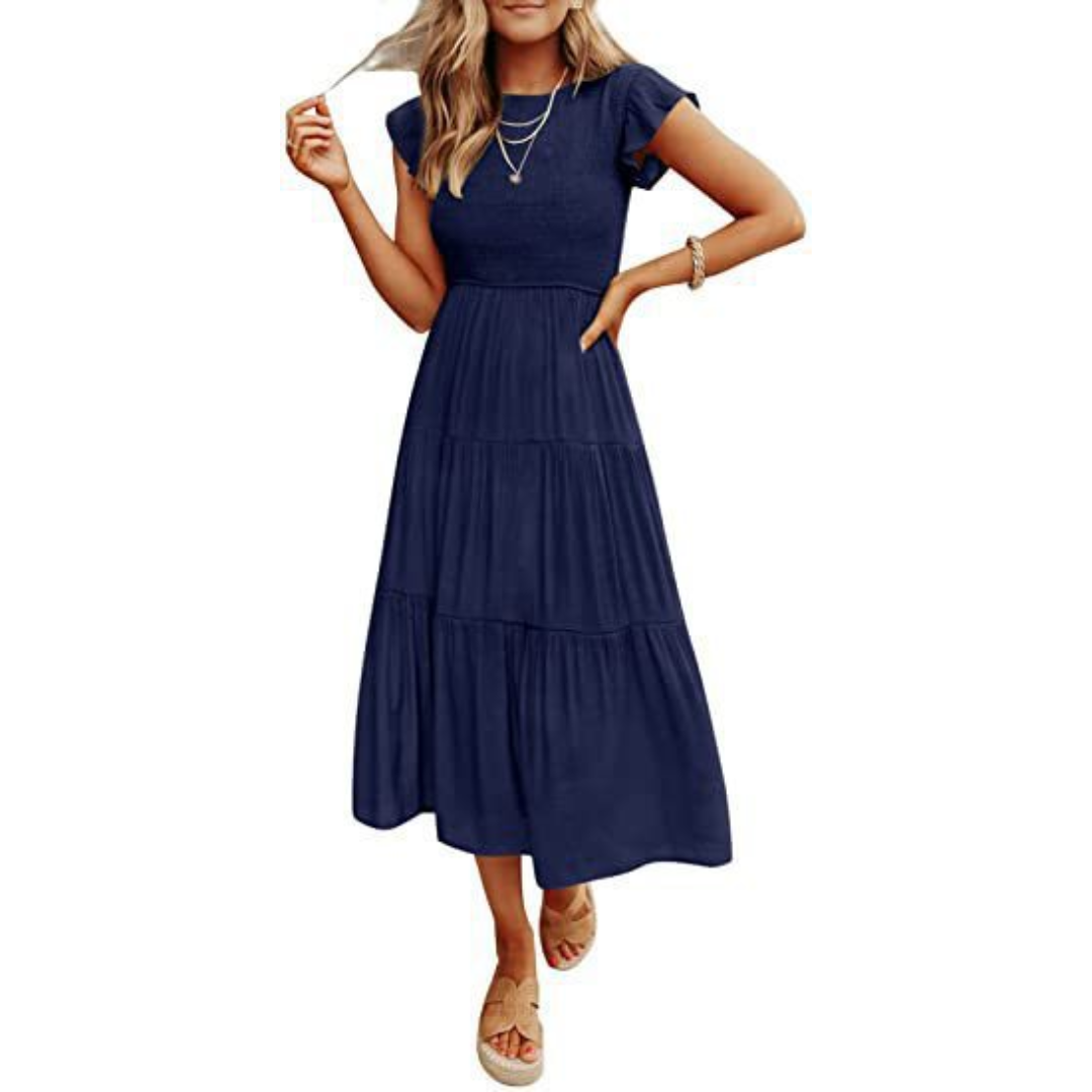 Vintage Midi Summer Dress with Round Neck for Women