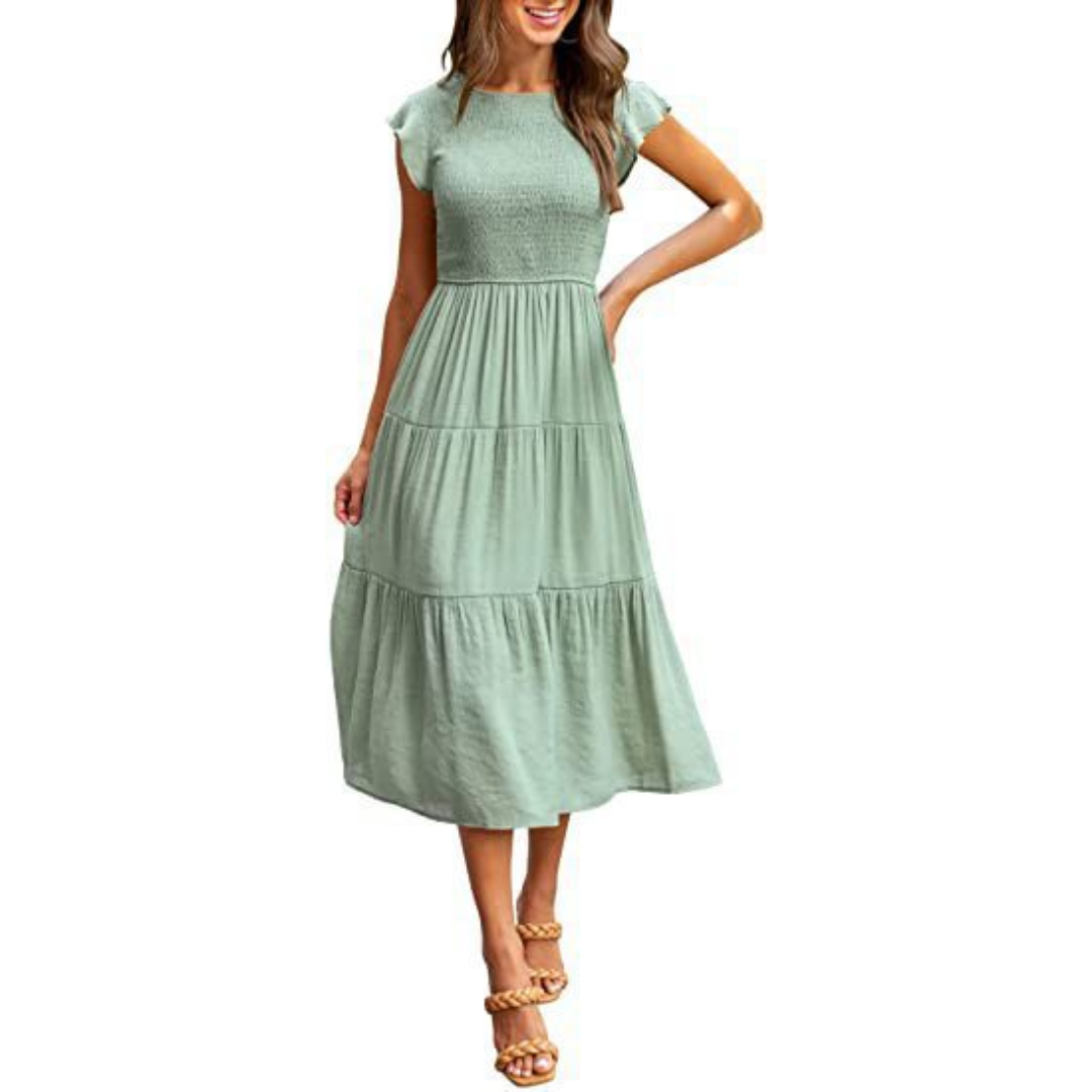 Vintage Midi Summer Dress with Round Neck for Women