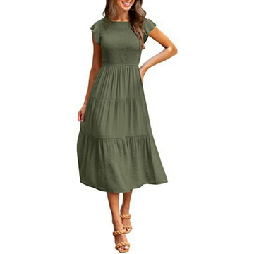 Vintage Midi Summer Dress with Round Neck for Women