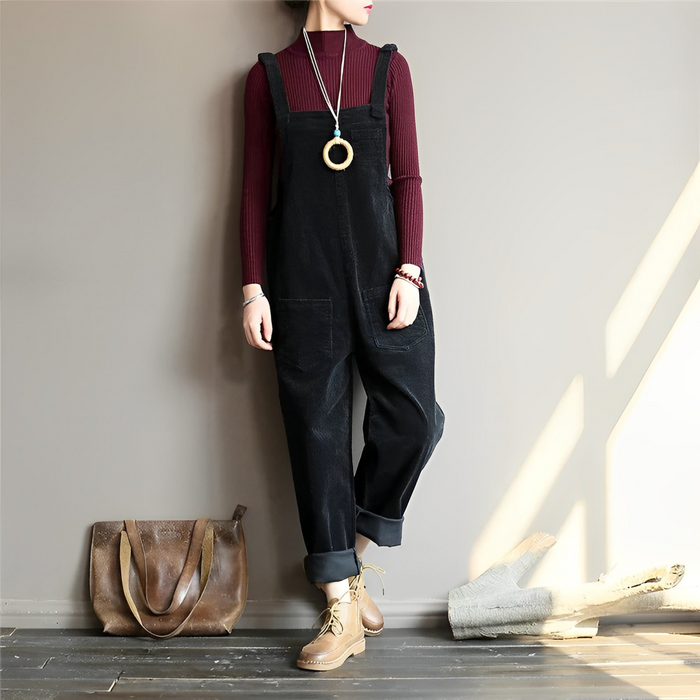 Retro Casual Corduroy Overall Jumpsuit with Pockets for Women