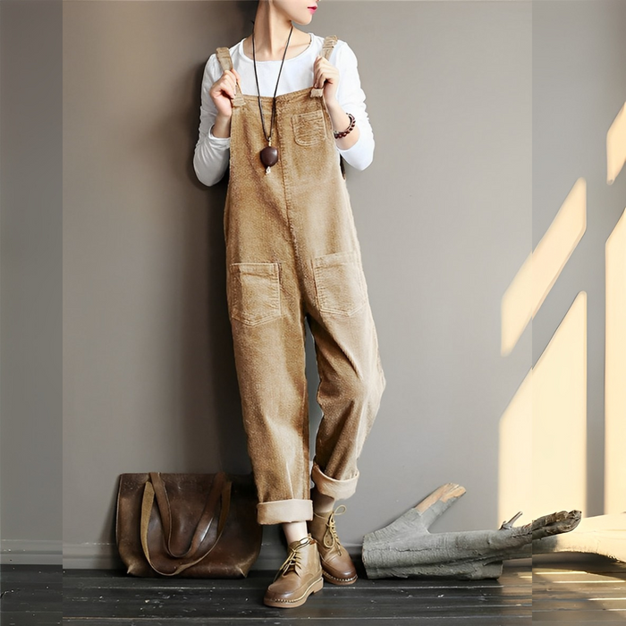 Retro Casual Corduroy Overall Jumpsuit with Pockets for Women