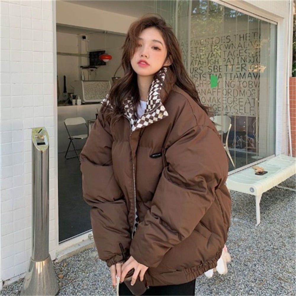 Puffer Jacket with Checkered Collar for Women - Caterina