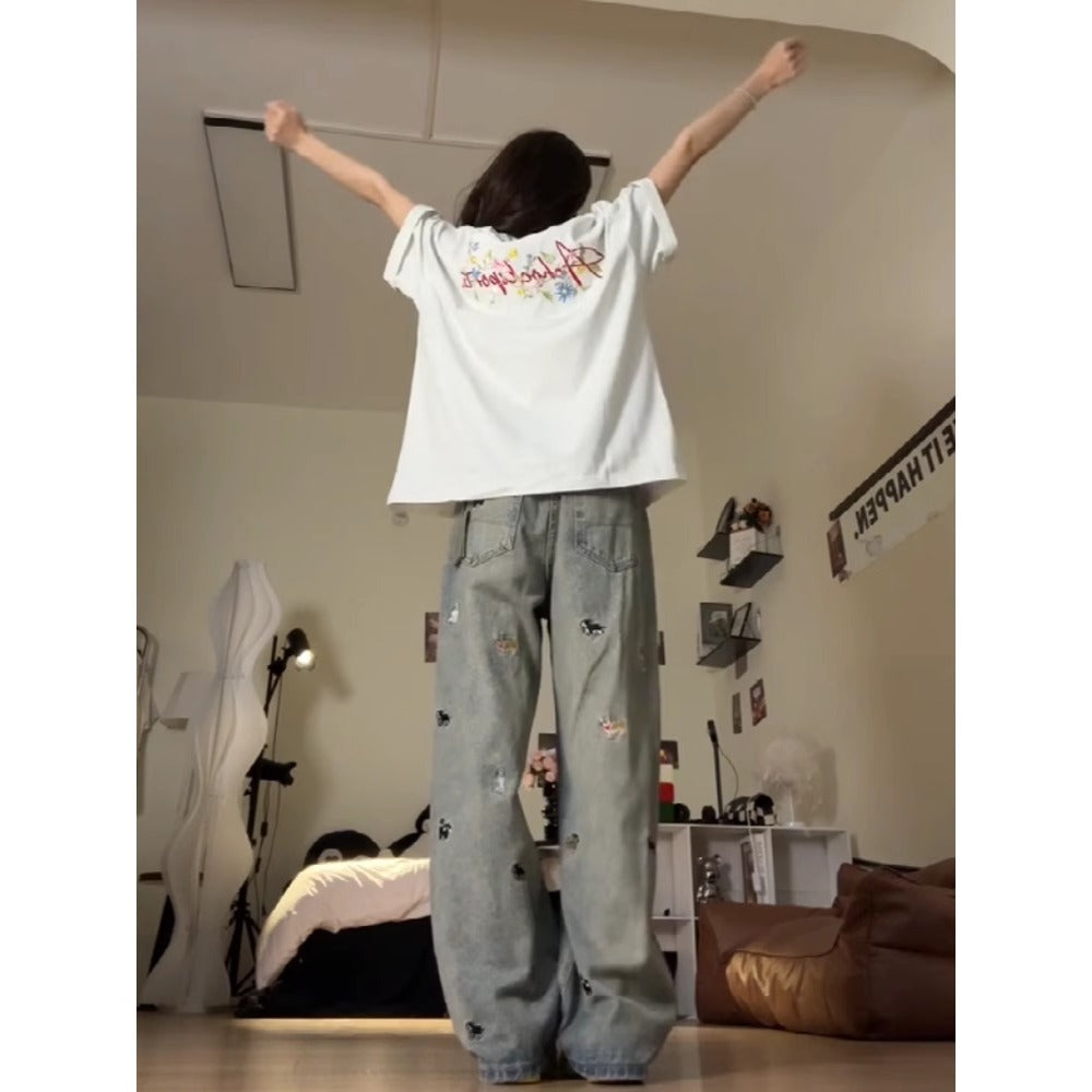 Grey Wide Leg Embroidered Denim Jeans with High Waist for Women - Margherita