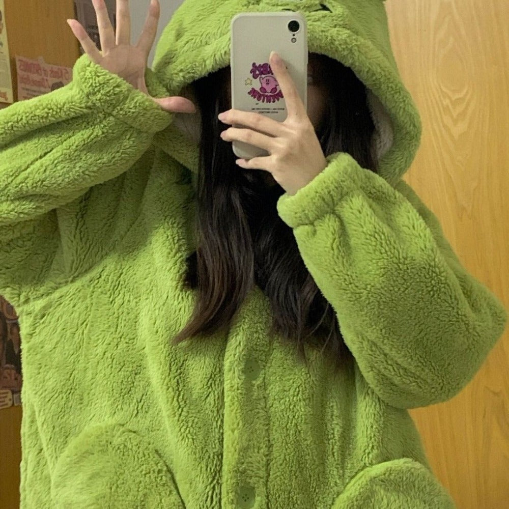 Green Fleece Hooded Dressing Gown with Pockets for Women - Anna