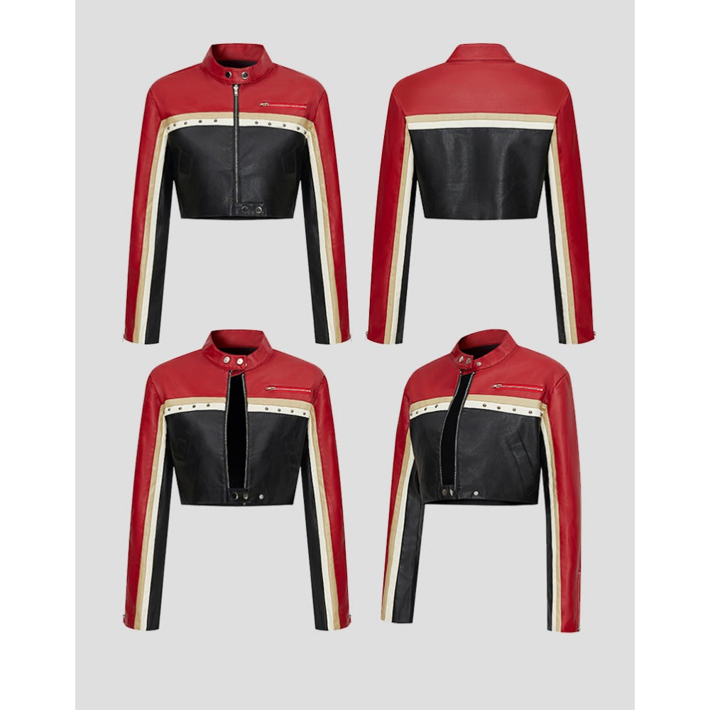 Red and Black Leather Biker Jacket for Women - Annarita