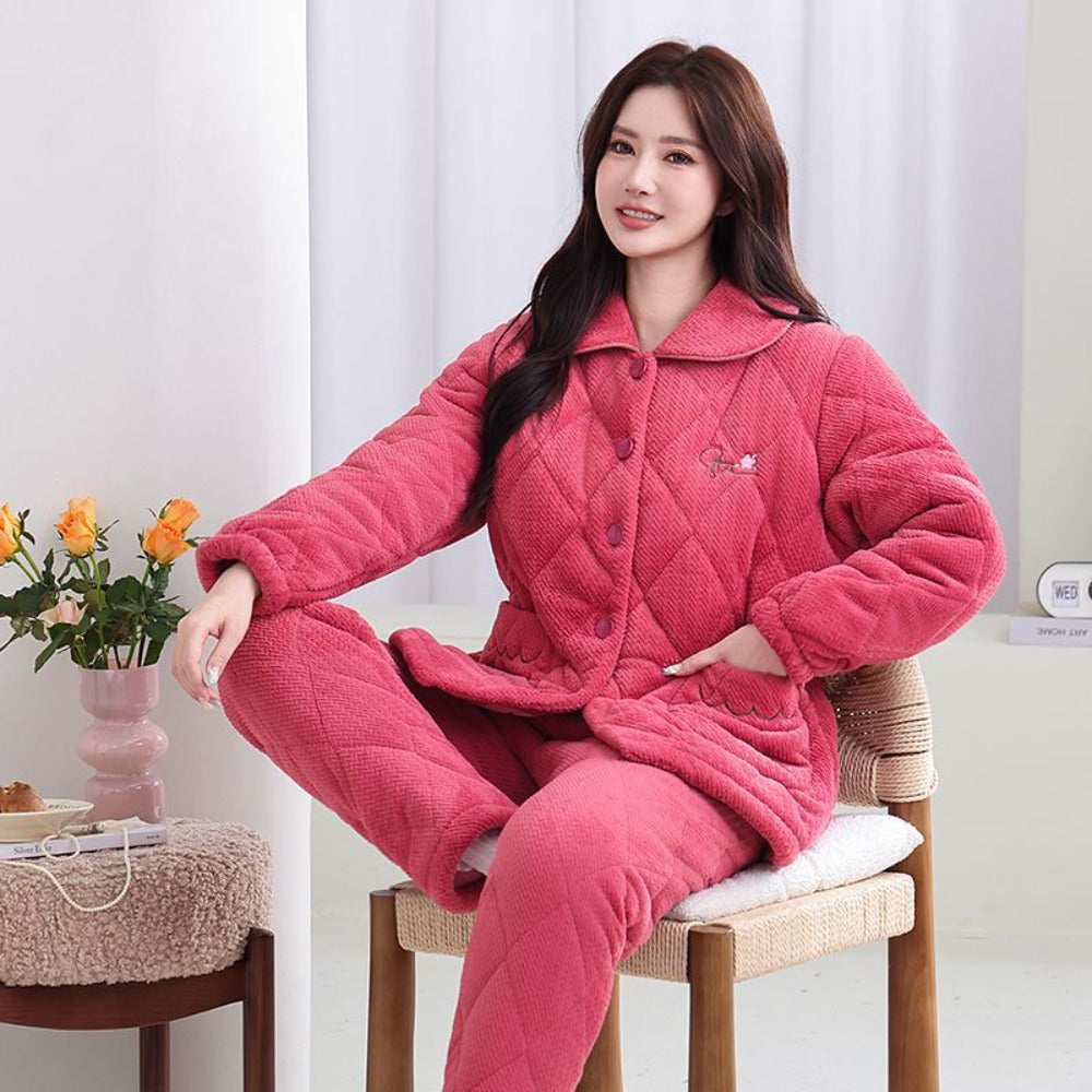 Quilted Fleece Pajama Set with Button Up for Women - Rosa