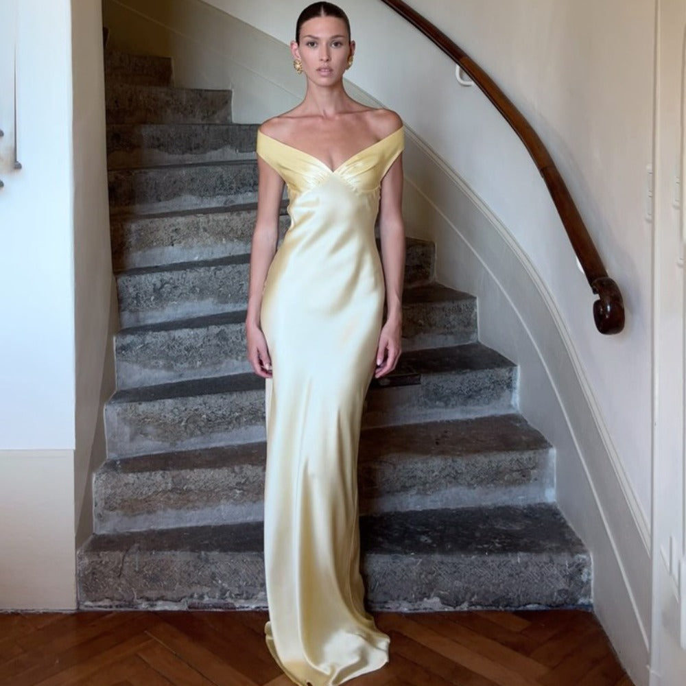 Off-Shoulder Satin Maxi Dress with Side Slit for Women - Aurora