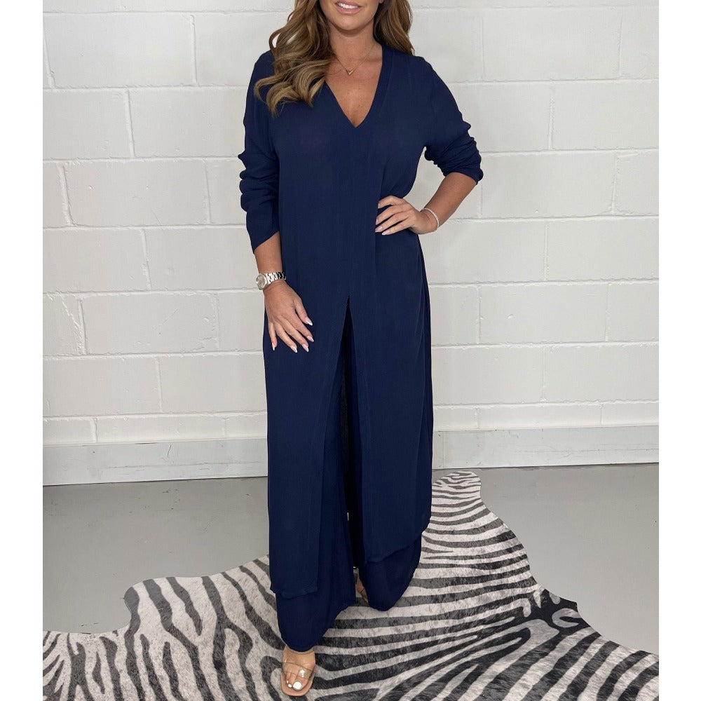 V-Neck Long Sleeve Split Hem Jumpsuit for Women - Costanza
