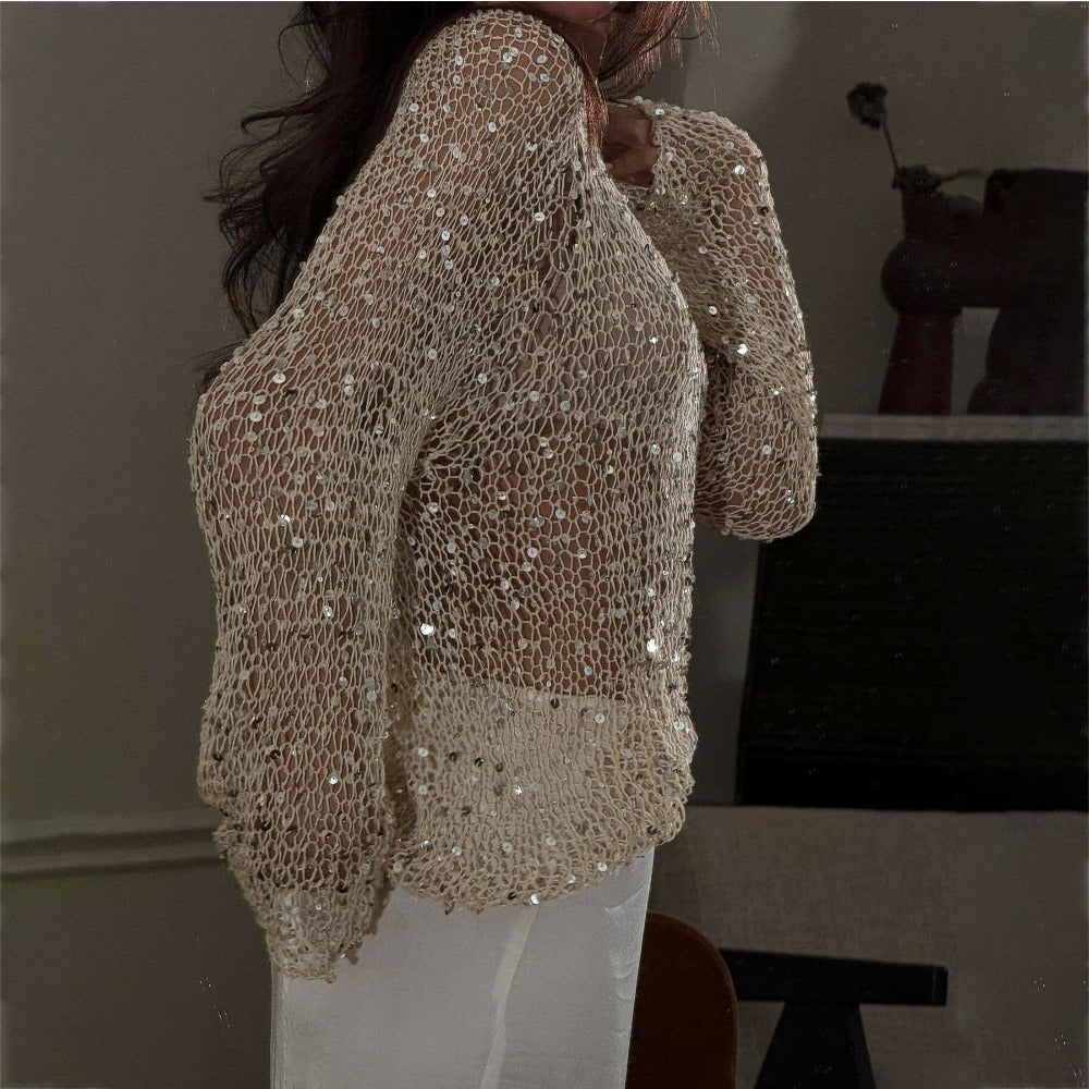 Sheer Knit Sequin Long Sleeve Top for Women - Nina