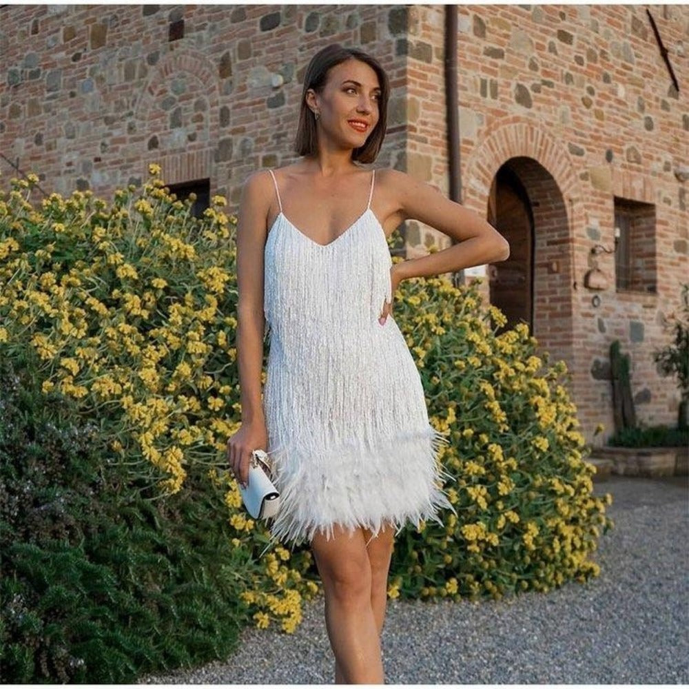 Sequin Fringe Mini Dress with Feathers for Women - Emma