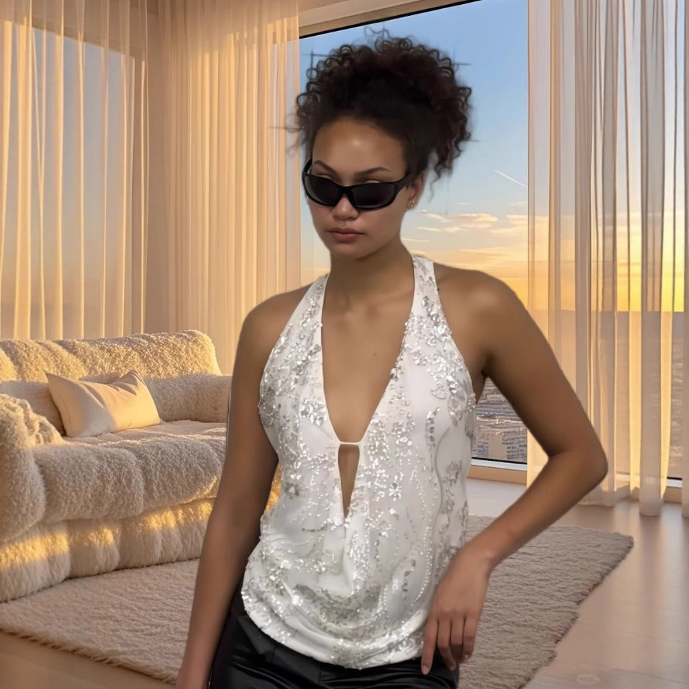 Halter Top with Floral Sequin Detail for Women - Irene