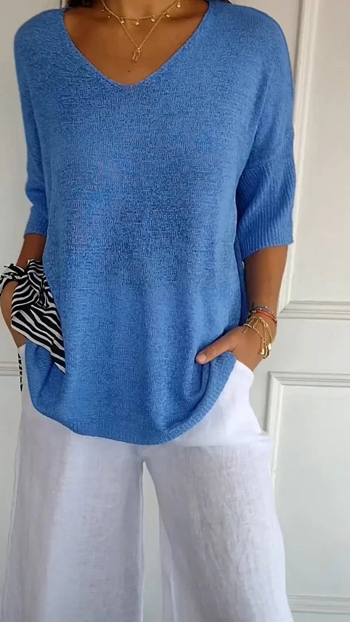 Soft Knit Top with V-Neck and 3/4 Sleeves for Women