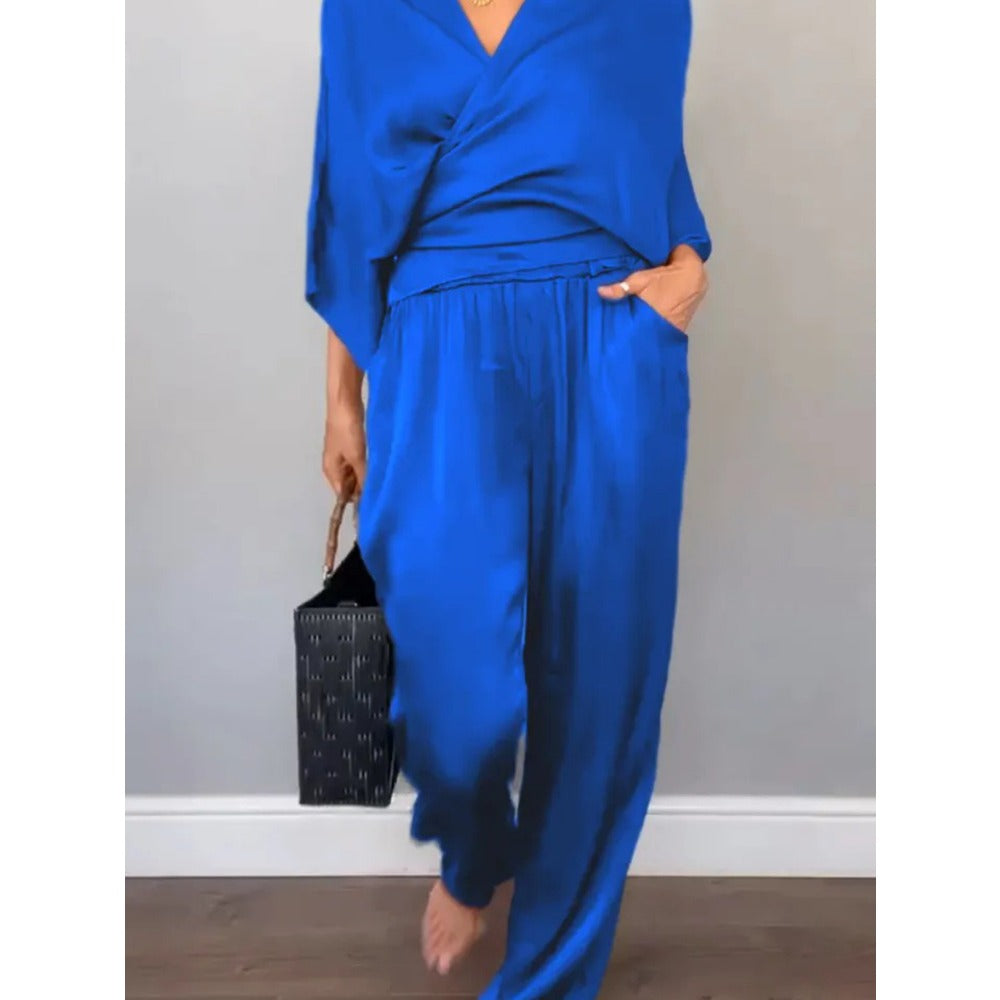 Rust Brown Two Piece Wide Leg Pants Set for Women - Simona