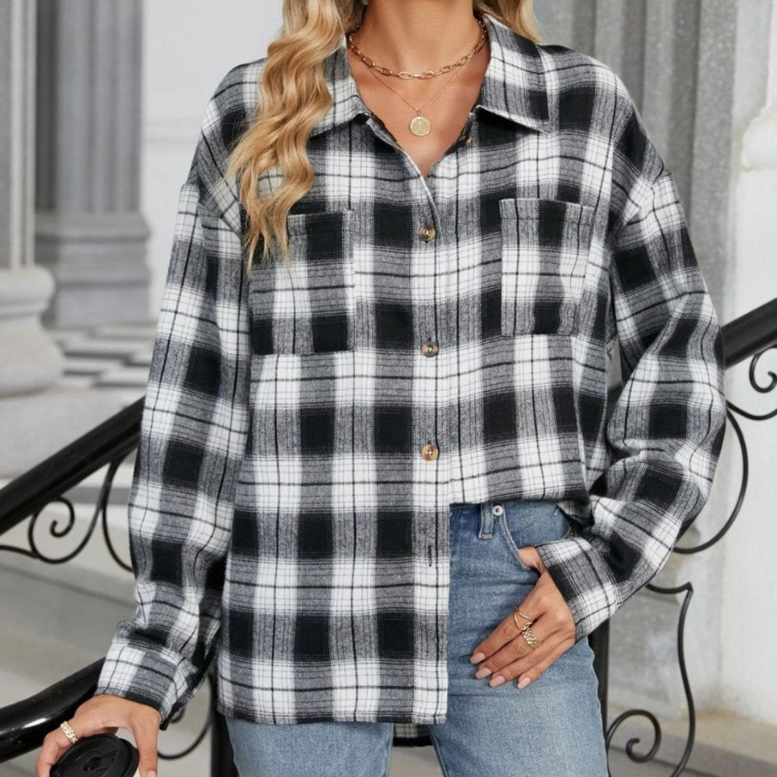 Casual Plaid Button Front Shirt with Chest Pockets for Women