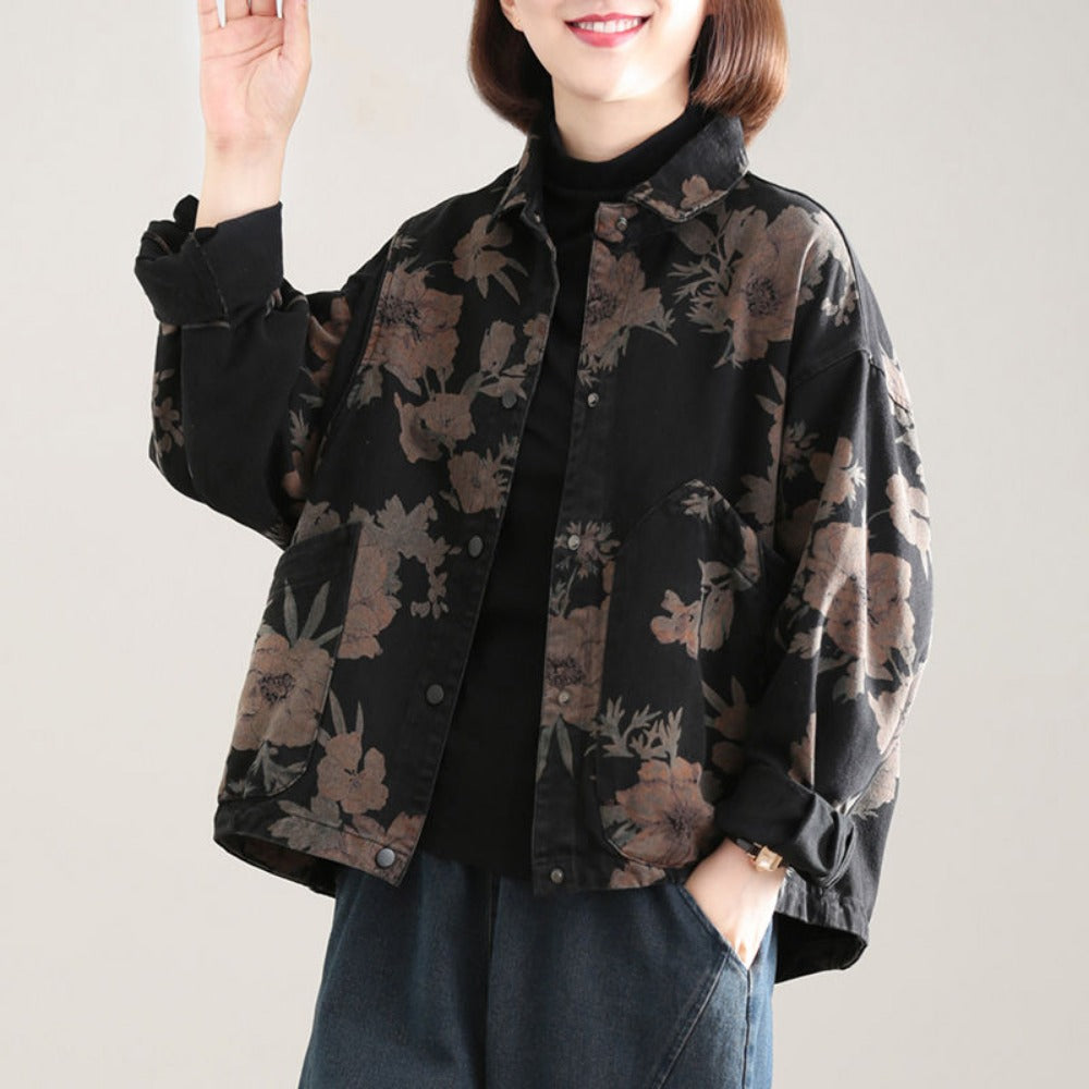 Black Floral Print Button Down Jacket for Women - Ginevra