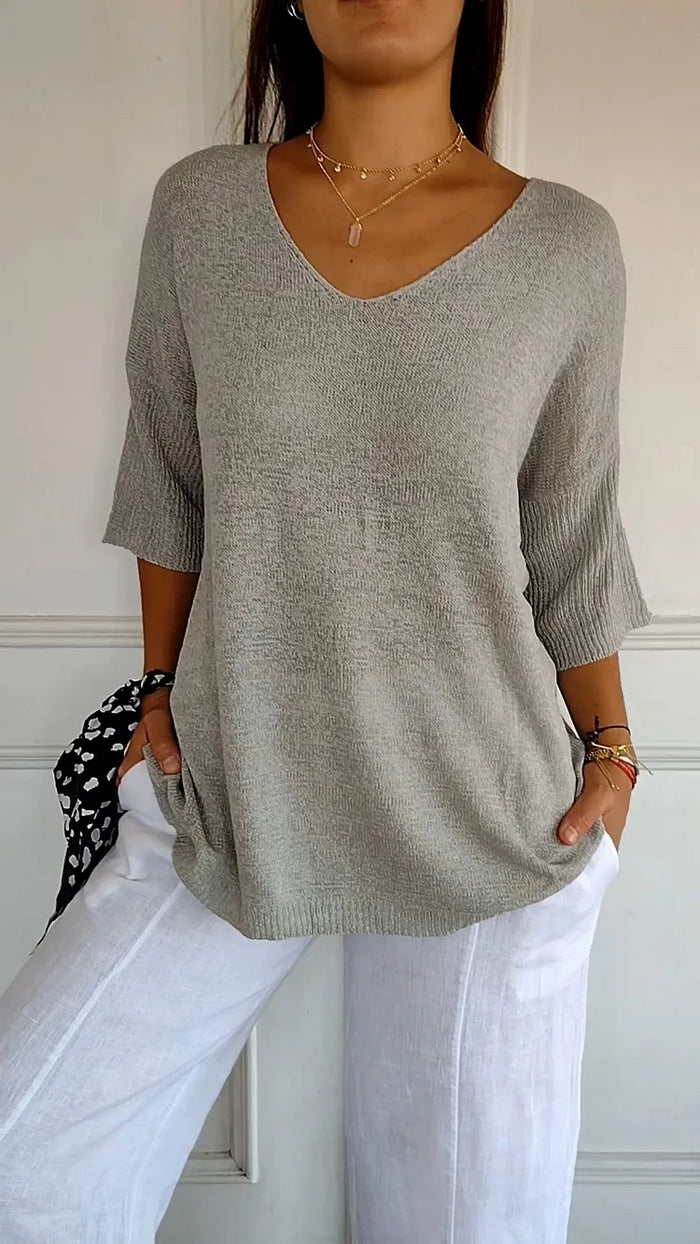 Soft Knit Top with V-Neck and 3/4 Sleeves for Women
