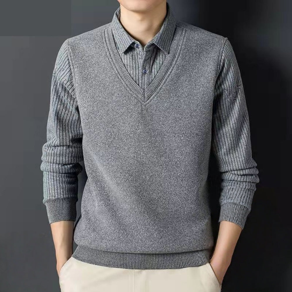 Fleece Lined V Neck Sweater with Collar for Men - Sibilla