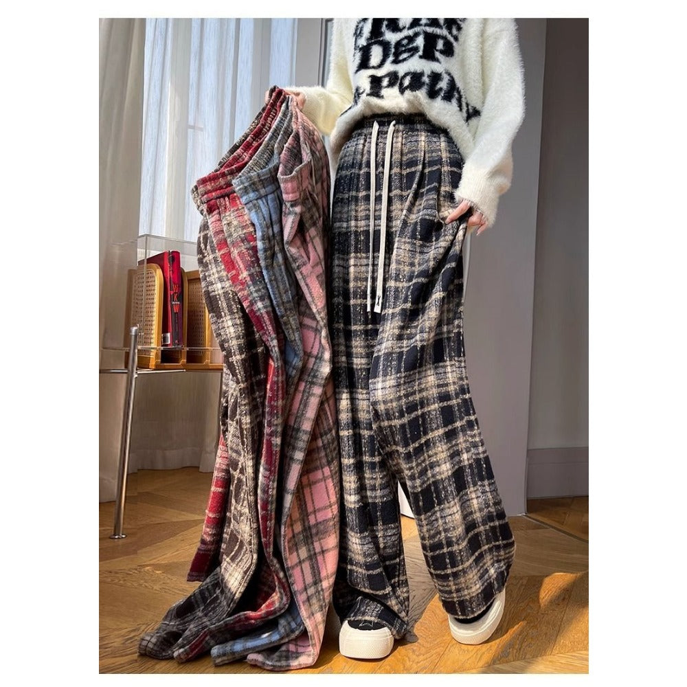 Plaid Wide-Leg Fleece-Lined Pants with Drawstring for Women - Miriam