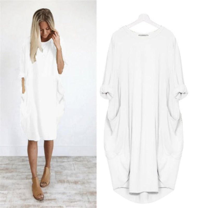 Casual Loose Fit Summer Midi Dress with Crew Neck for Women