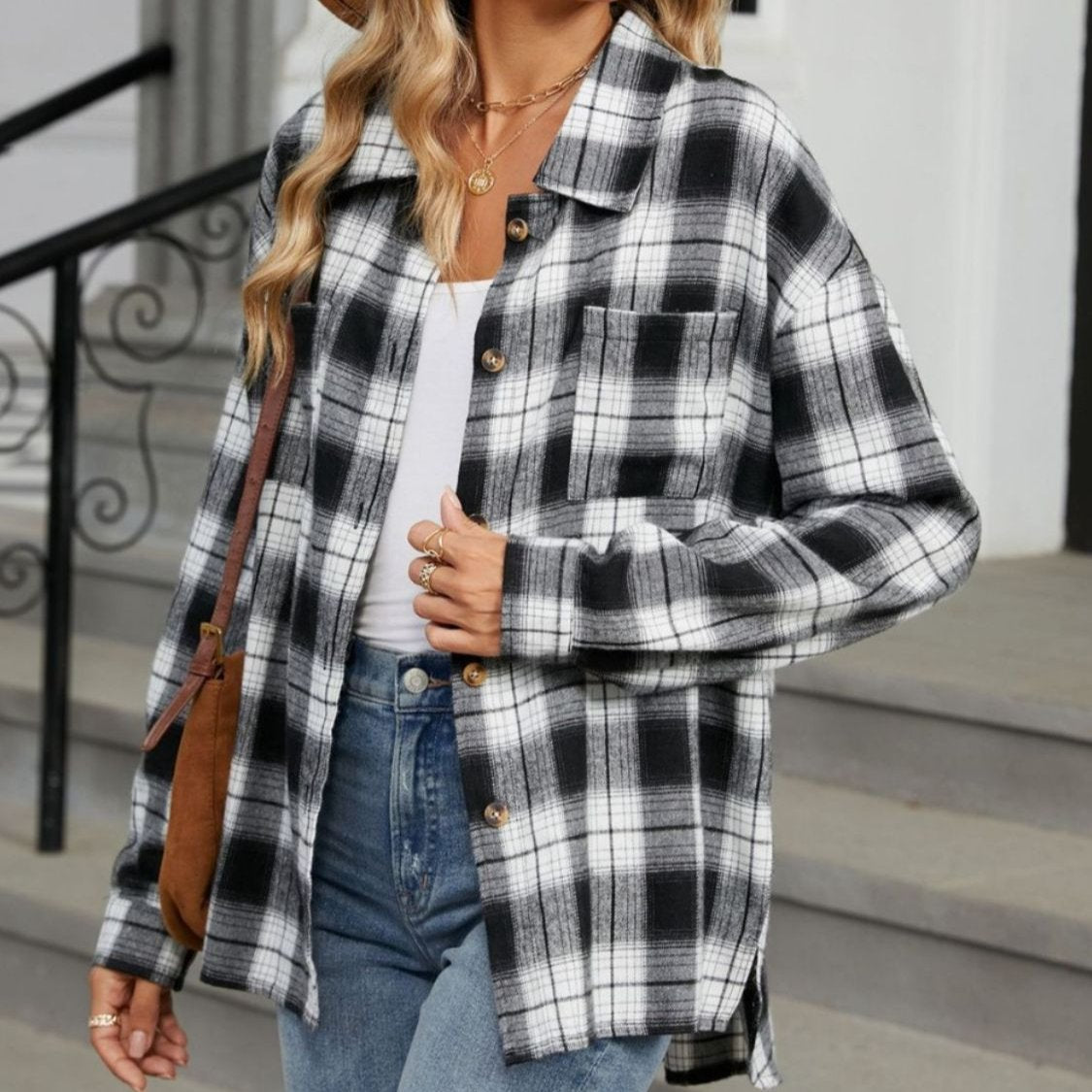 Casual Plaid Button Front Shirt with Chest Pockets for Women