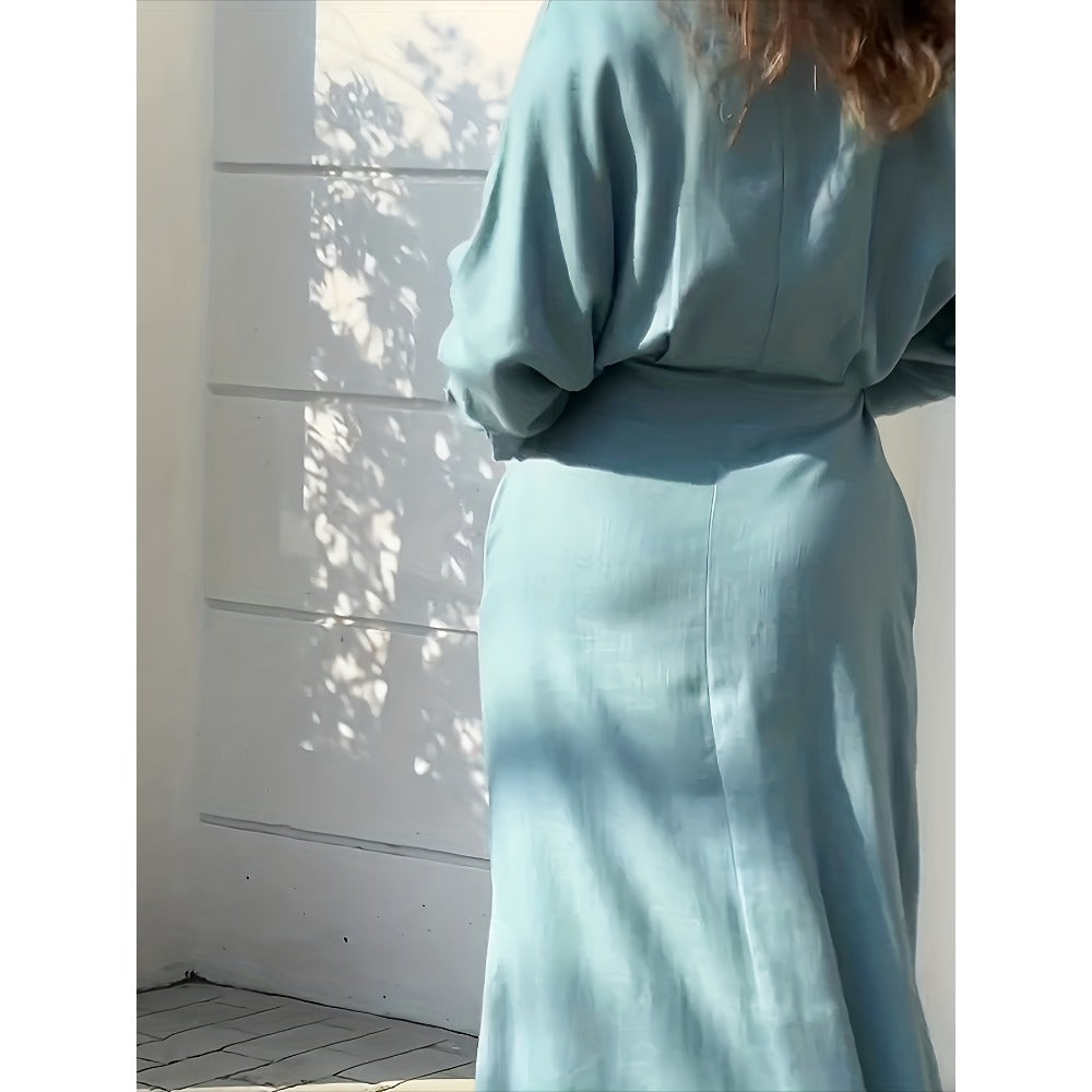 Teal Button Down Long Sleeve Maxi Dress for Women - Daria