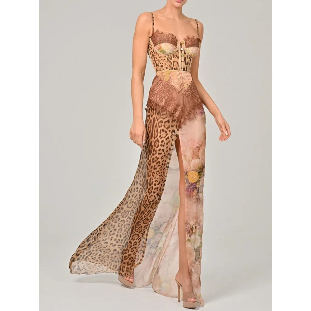 Leopard Print Mesh Dress with Lace and Button Detail for Women - Siria