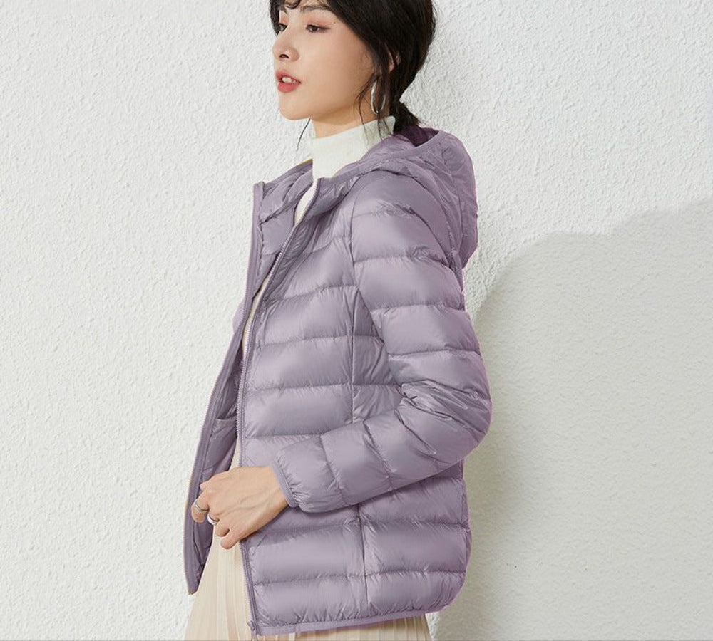 Hooded Puffer Down Jacket with Zipper Closure for Women - Liliana
