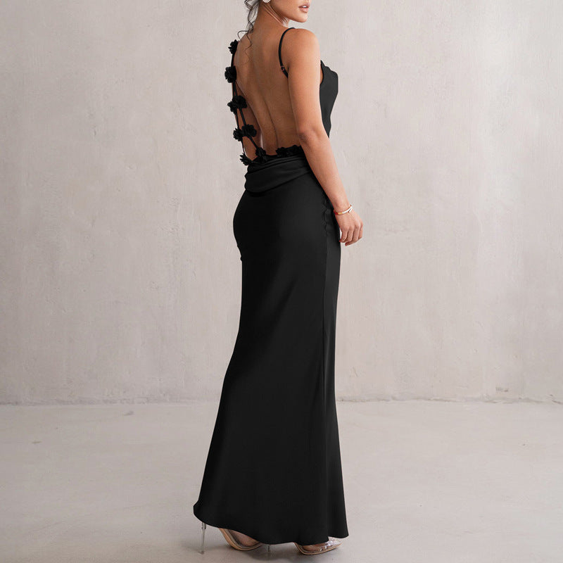 Women’s Satin Evening Prom Gown with Backless Floral Appliqué