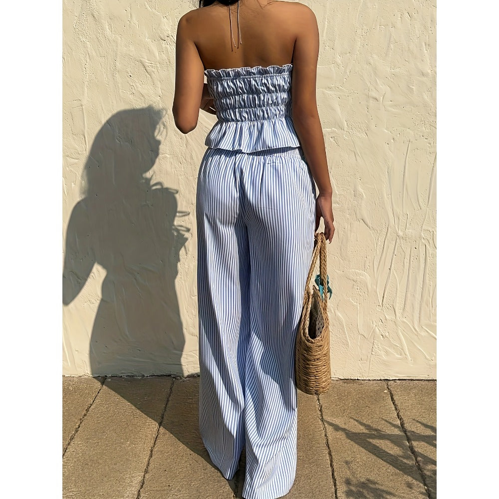 Light Blue Striped Two Piece Pants Set for Women - Gaia