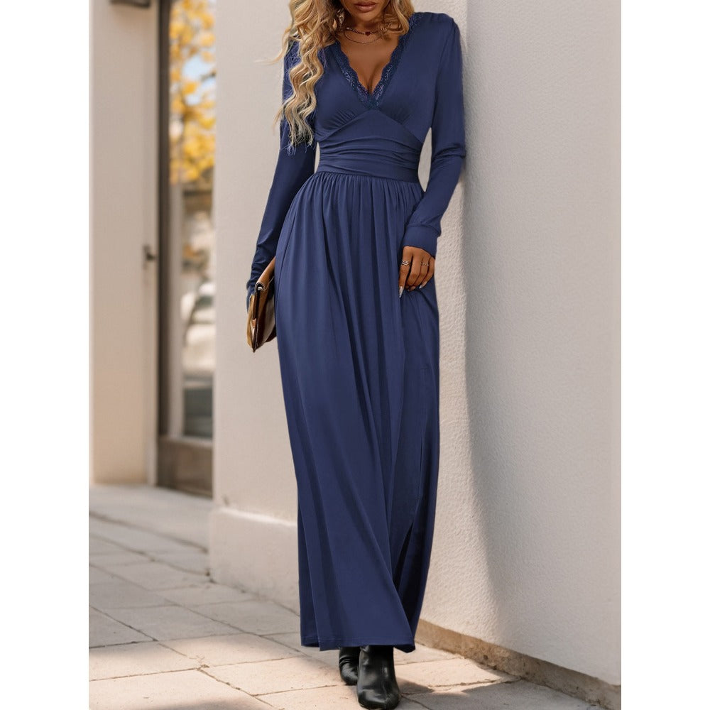 Maxi Dress with Lace V-Neck and Side Slit for Women - Ada