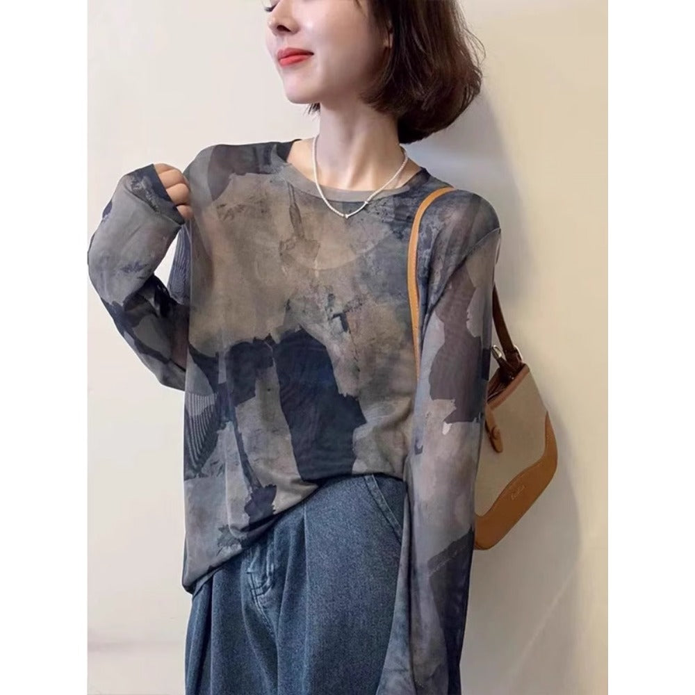 Grey Abstract Print Mesh Long Sleeve Top for Women - Rosaria