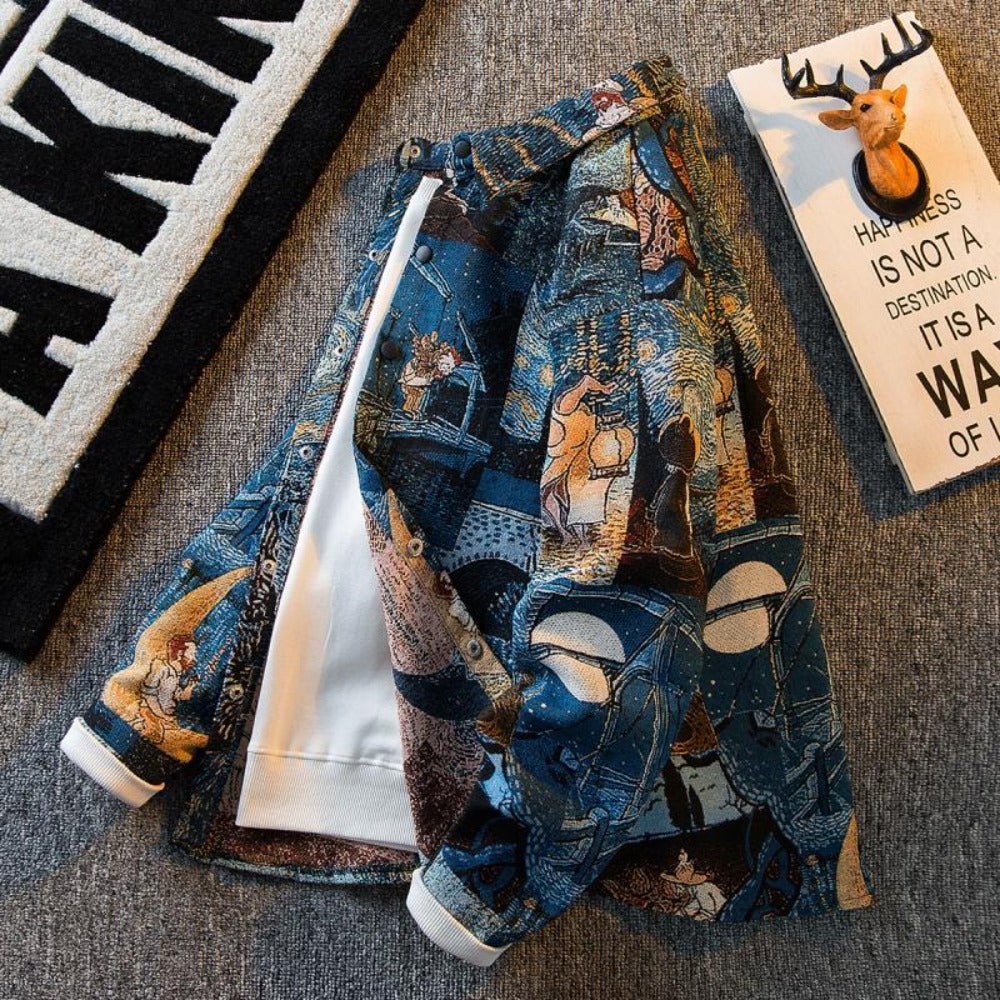 Multicolor Printed Long Sleeve Button Up Shirt for Men - Genziana