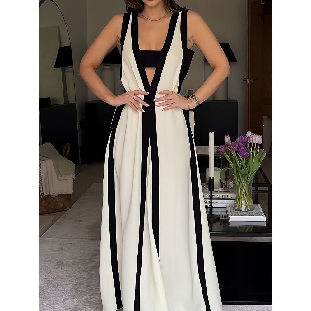 White and Black Striped Maxi Dress with V-Neck for Women - Rita