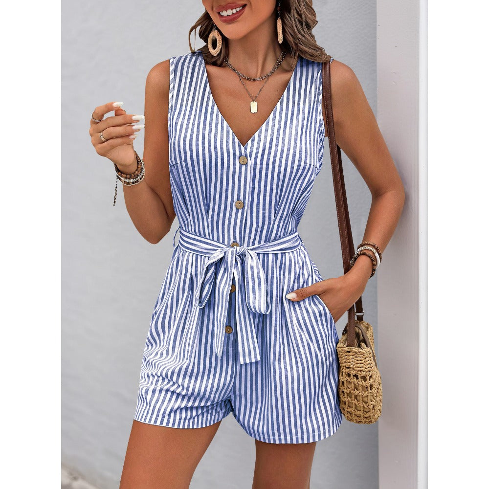 Striped Sleeveless Romper with Tie Waist for Women - Sebastiana
