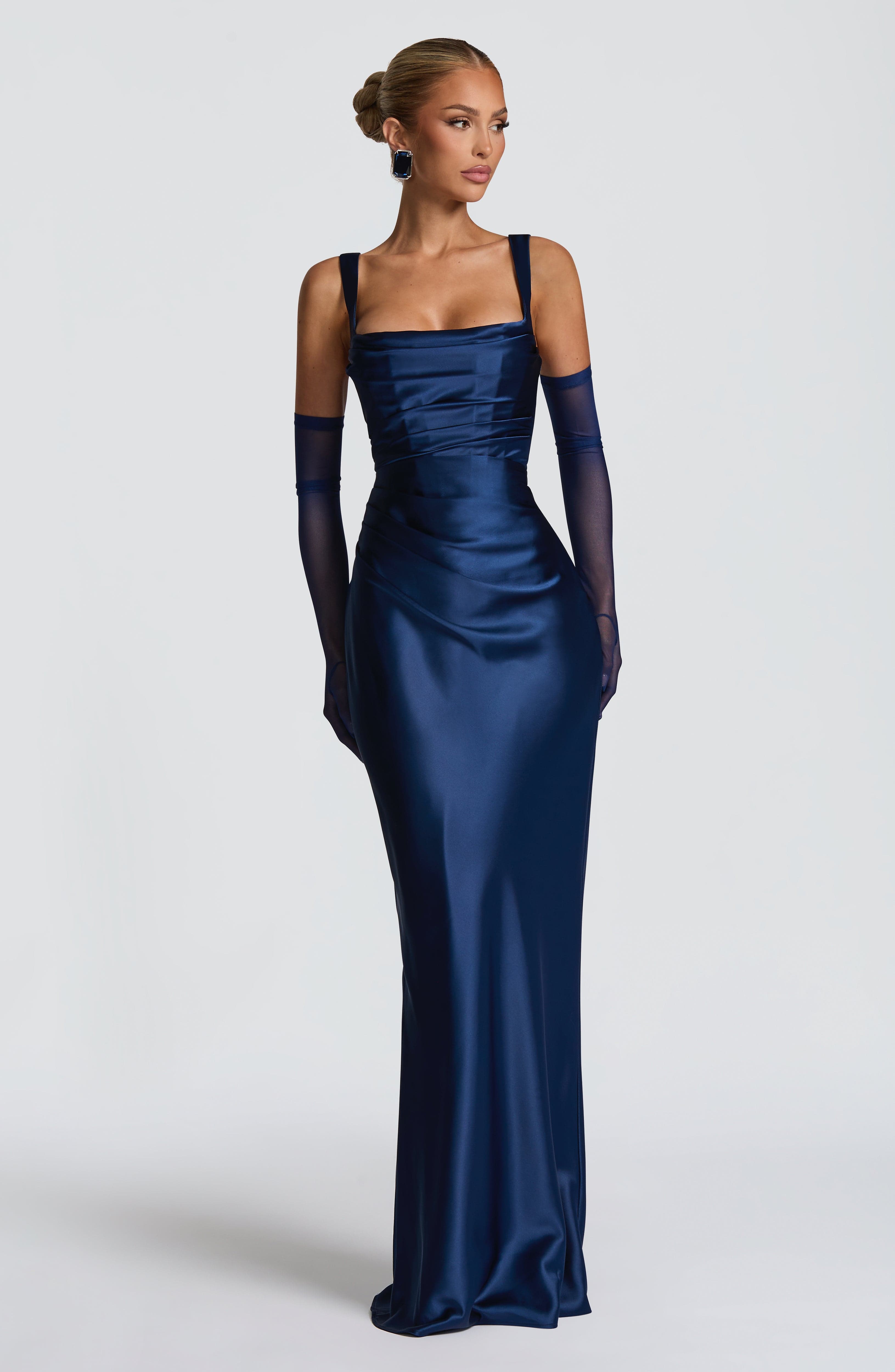 Navy Blue Satin Maxi Dress with Straps for Women - Stefania