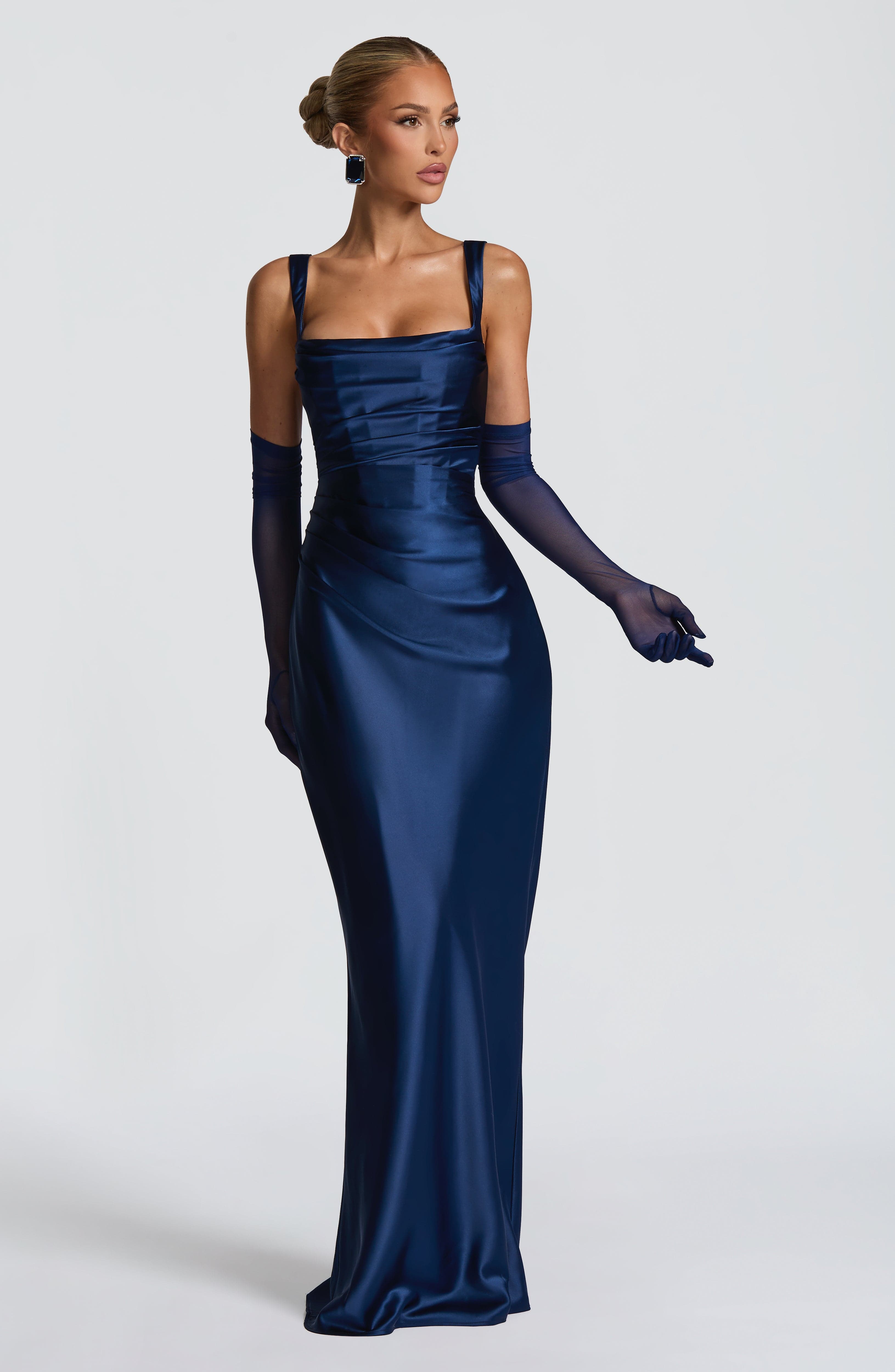 Navy Blue Satin Maxi Dress with Straps for Women - Stefania