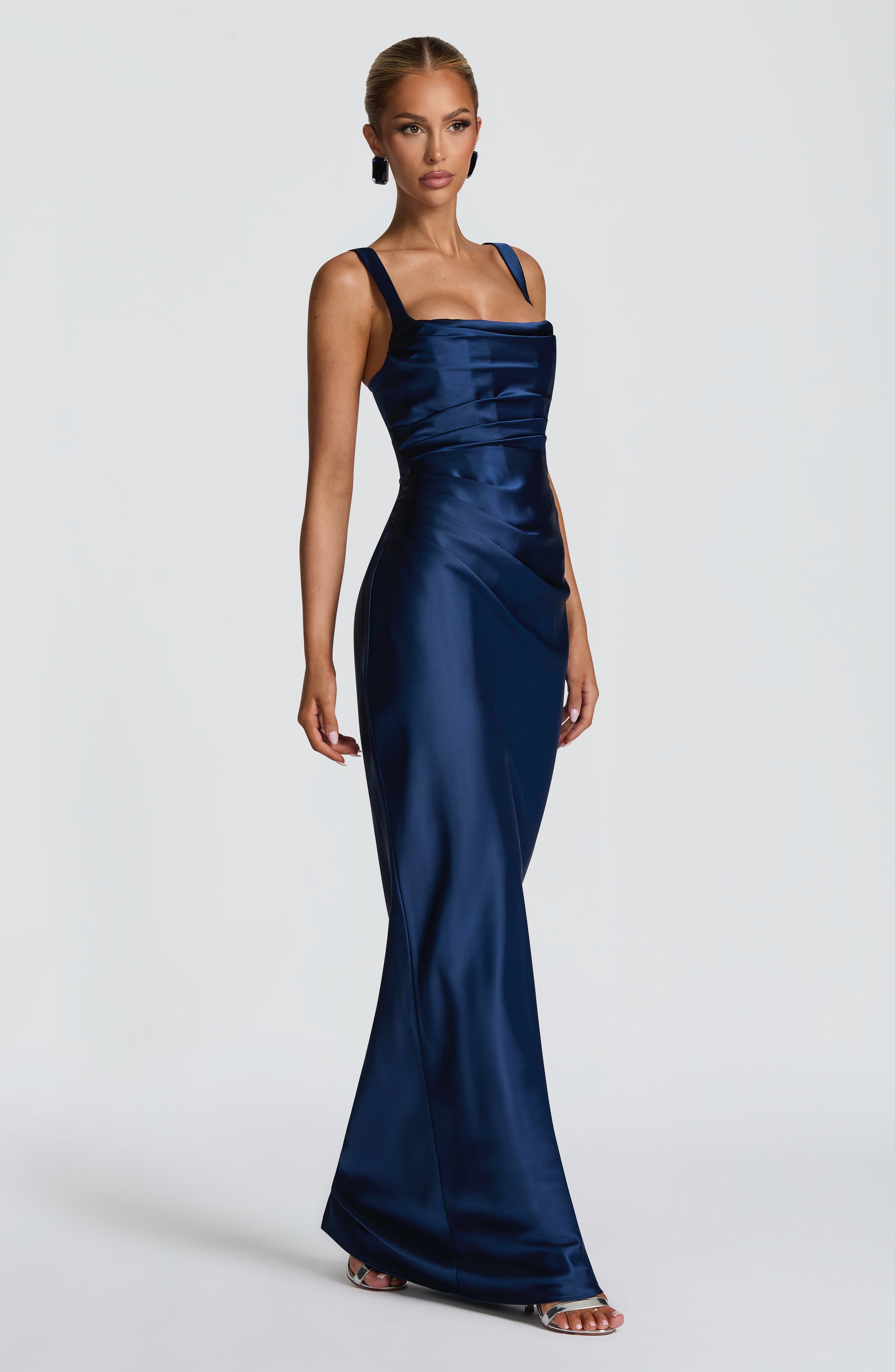 Navy Blue Satin Maxi Dress with Straps for Women - Stefania