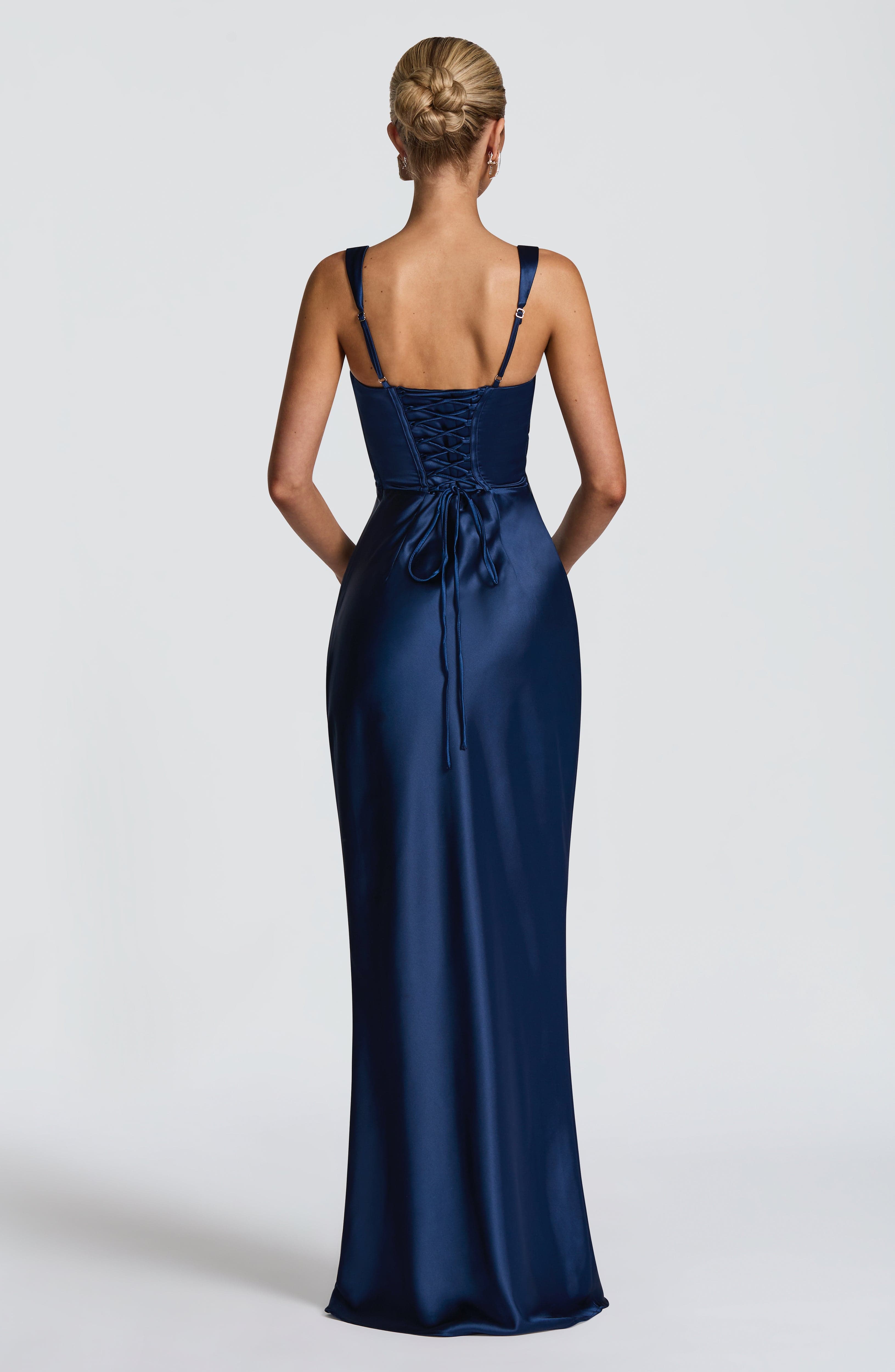Navy Blue Satin Maxi Dress with Straps for Women - Stefania