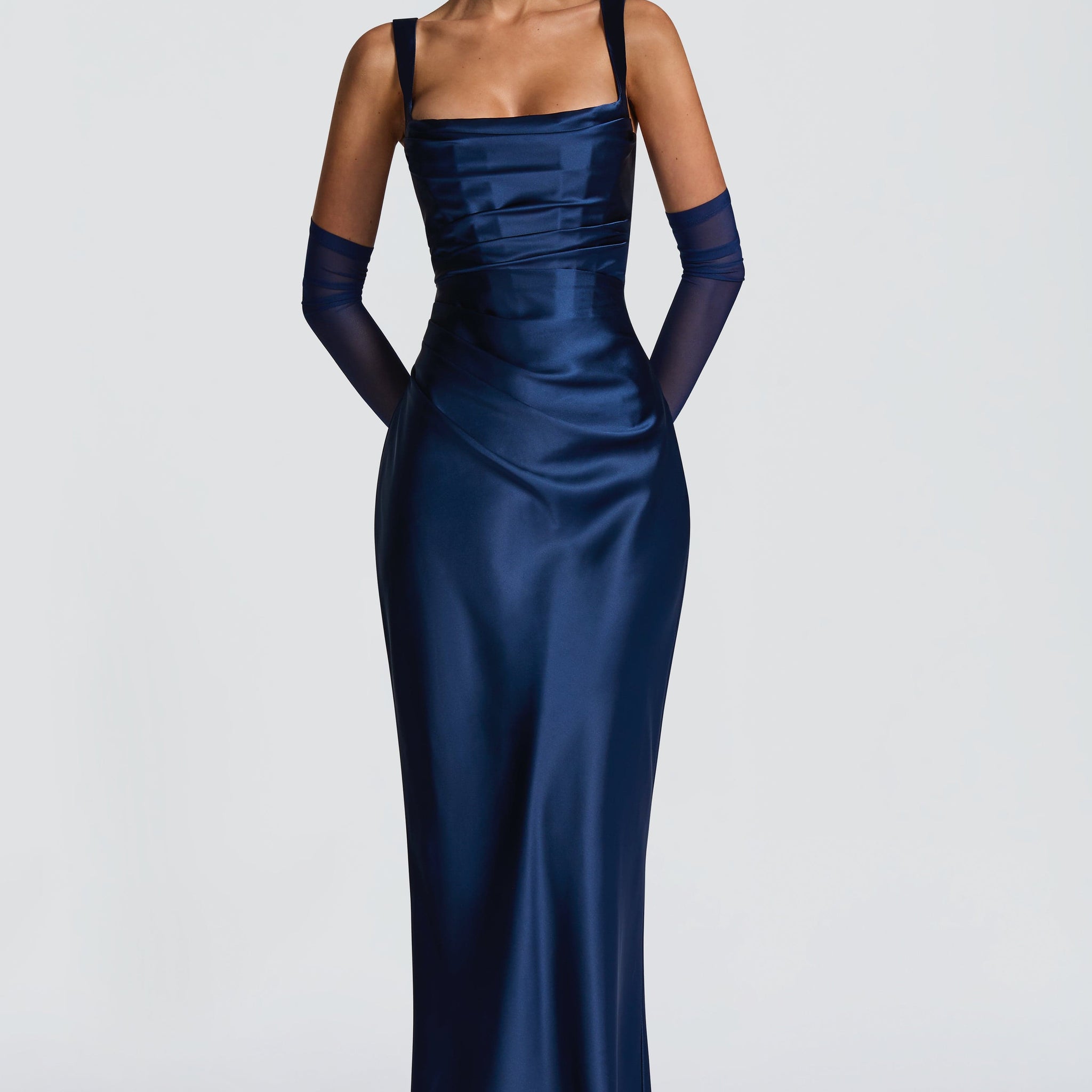 Navy Blue Satin Maxi Dress with Straps for Women - Stefania