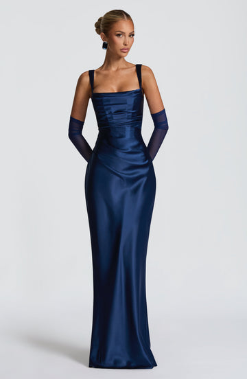 Navy Blue Satin Maxi Dress with Straps for Women - Stefania