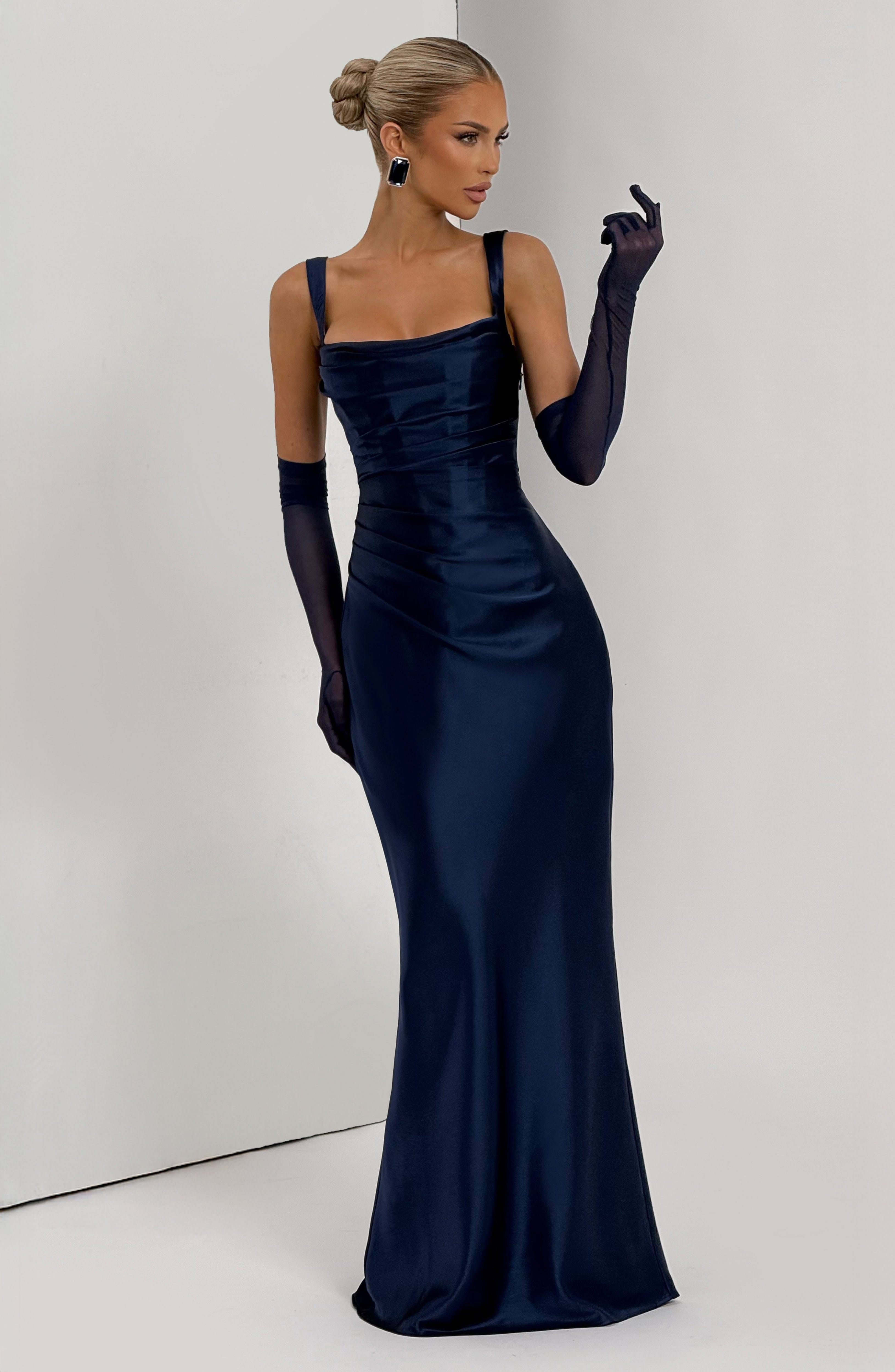 Navy Blue Satin Maxi Dress with Straps for Women - Stefania