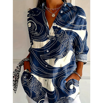 Navy Blue Fish Print Button-Down Shirt for Women - Livia