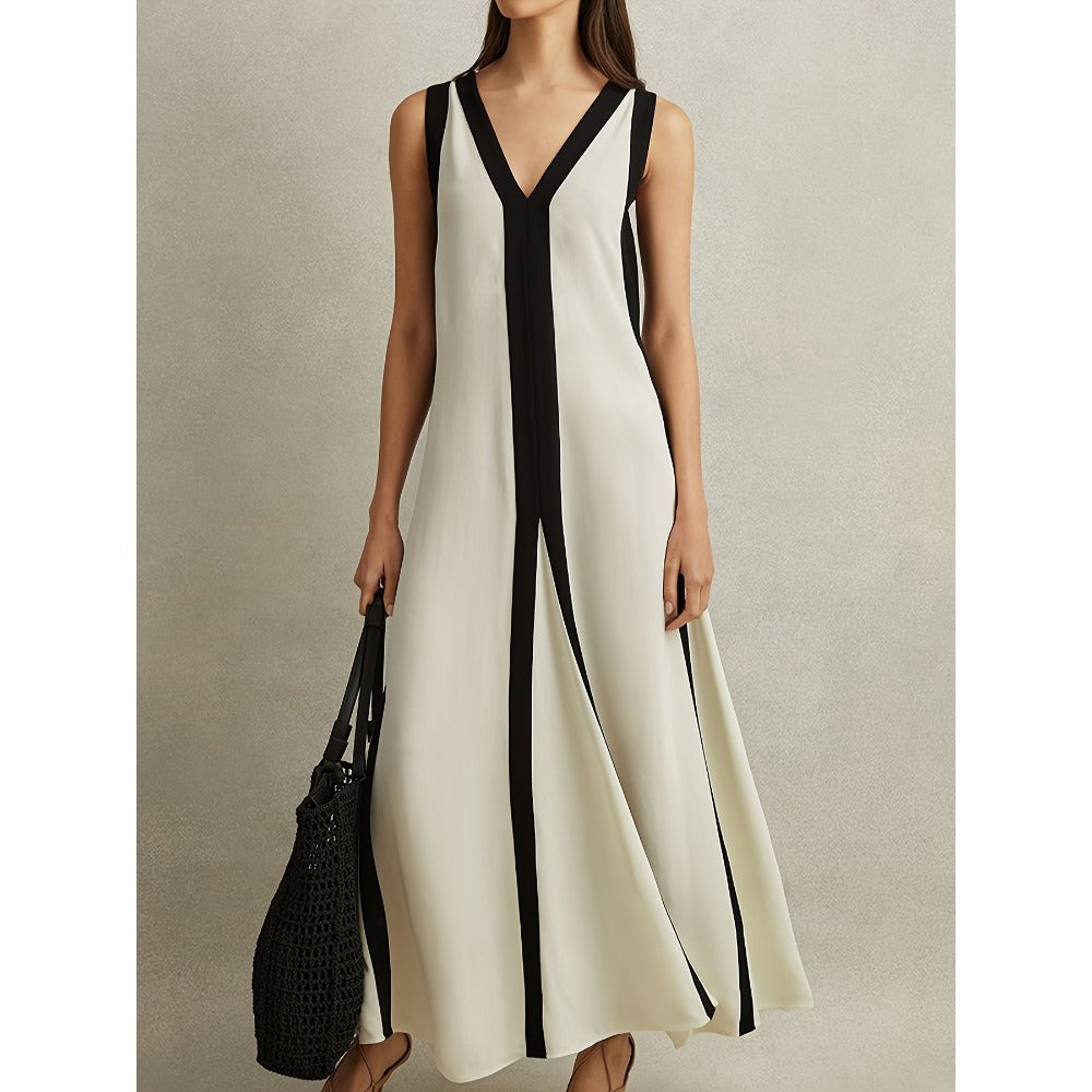 White and Black Striped Maxi Dress with V-Neck for Women - Rita