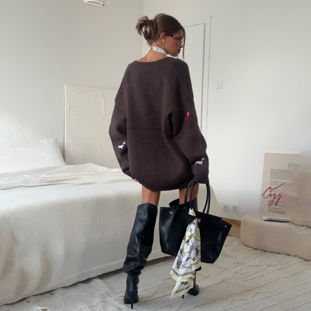 Oversized Knit Cardigan with Embroidery for Women - Angelica