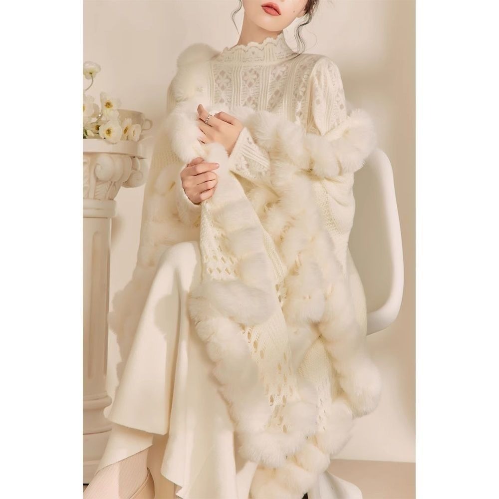 White Knit Cape with Faux Fur Trim for Women - Monica
