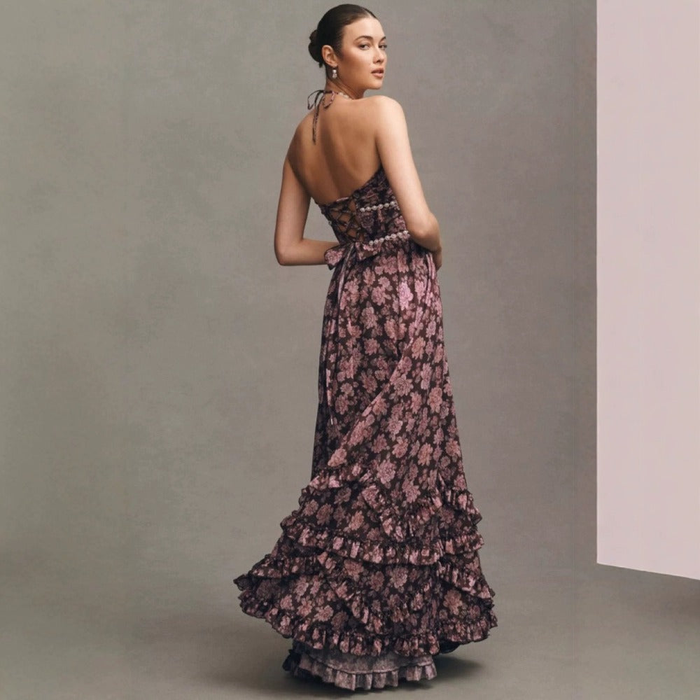 Floral Maxi Dress with Halter Neck and Side Slit for Women - Donatella