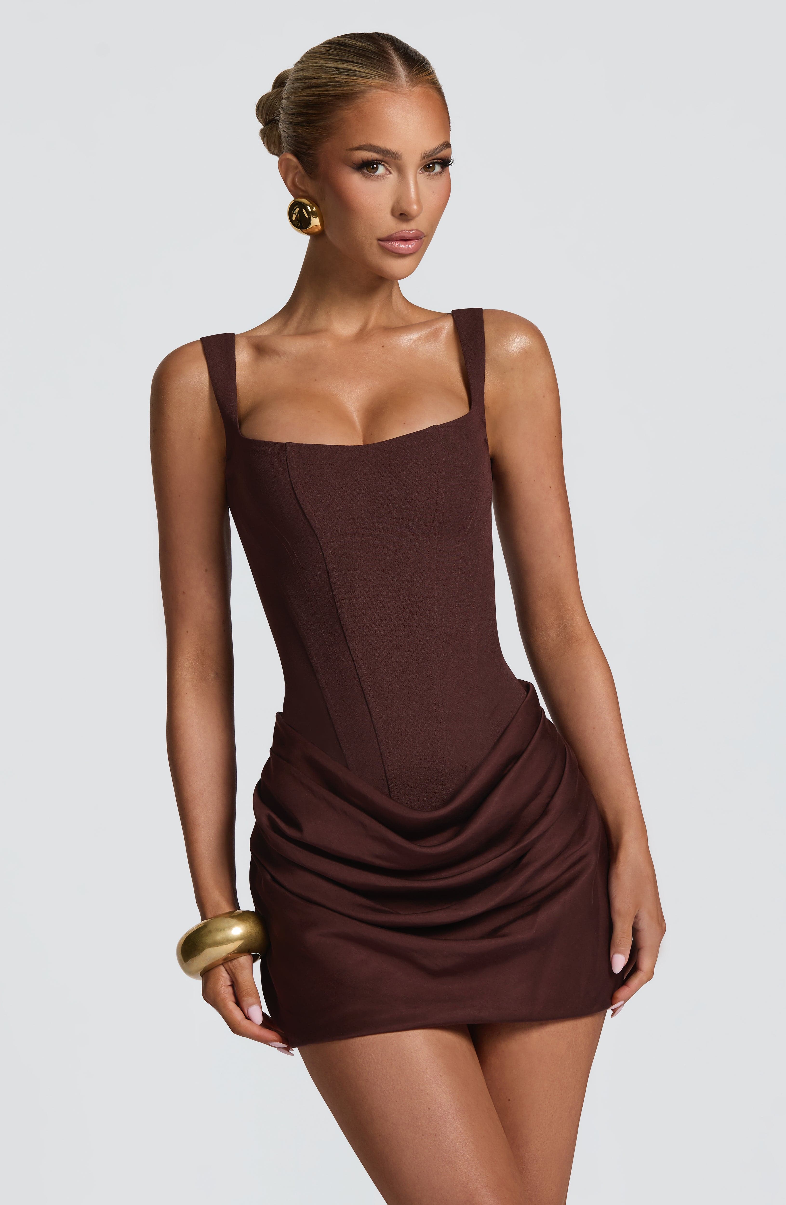 Plum Brown Mini Dress with Draped Skirt for Women - Eleonora