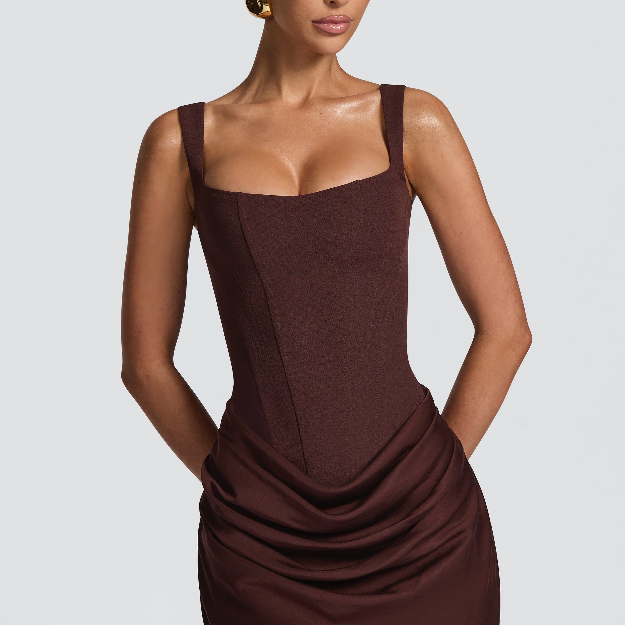 Plum Brown Mini Dress with Draped Skirt for Women - Eleonora