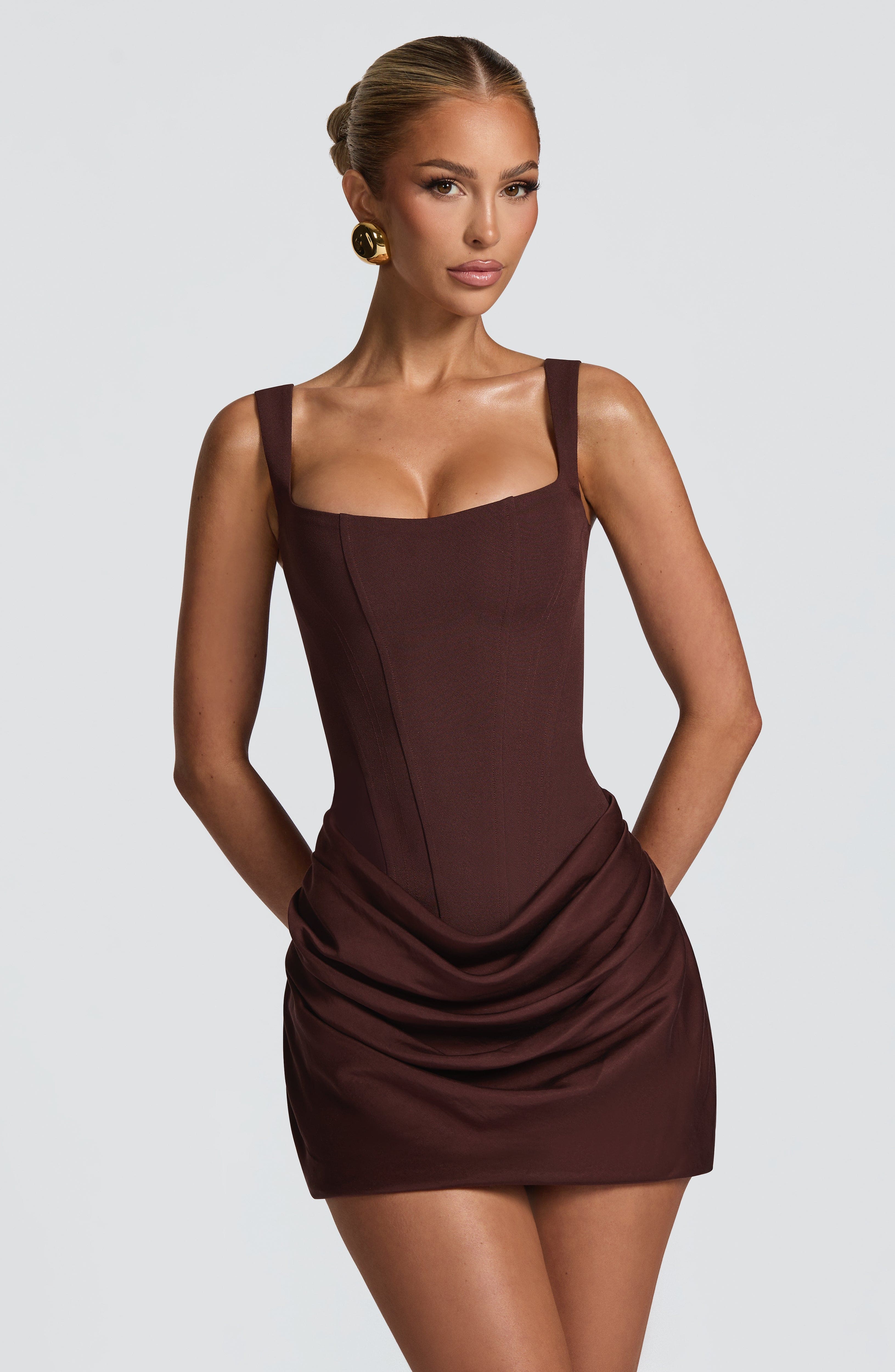 Plum Brown Mini Dress with Draped Skirt for Women - Eleonora