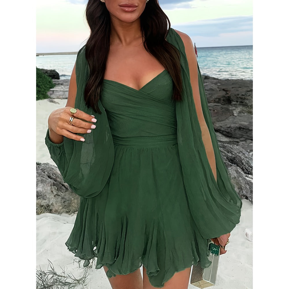 Dark Green Strapless Mini Dress with Flowing Sleeves for Women - Luce